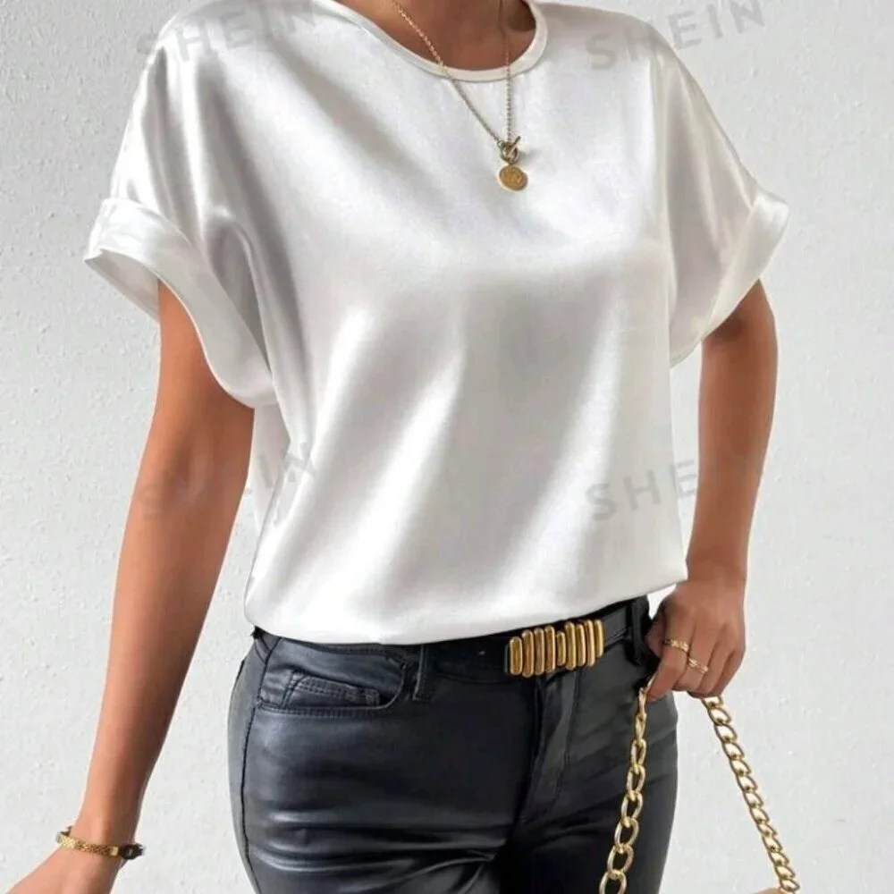 SHEIN Prive' Batwing Short Sleeve Satin Blouse With Round Neck